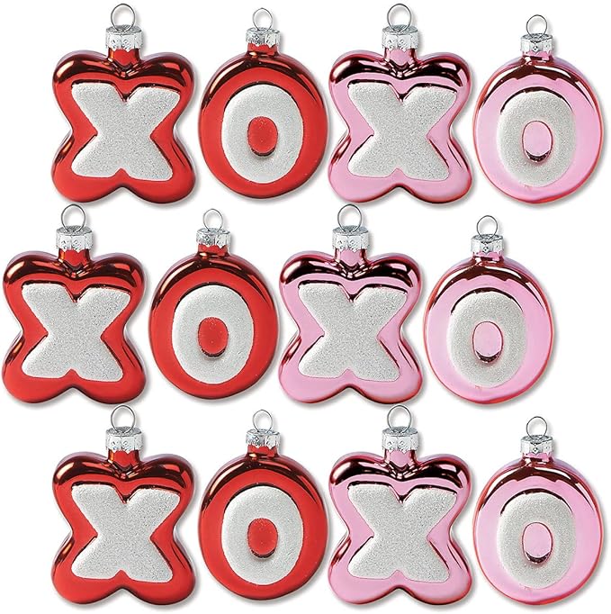 Lillian Vernon XOXO Valentines Ornaments -, 12-Piece Set, Blown Glass, Handcrafted Hanging Tree Decorations, Valentine's Day Holiday & Party Decor, Red & Pink Design