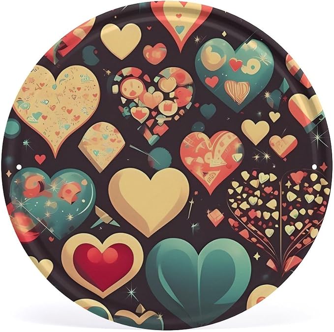 Wall Picture, with Heart Crush Flower Printed Circular Iron Hanging Picture,Wall Art Decor,Home for Bedroom Living Room Bathroom Decor,Iron Painting 11.8X11.8 in