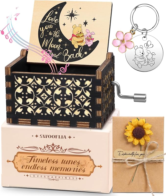 Swooflia Bear Wooden Music Box for Friend - Hand Crank Engraved Musical Box Vintage Mechanism Personalized Gifts for Mom Daughter Niece Granddaughter Grandma Jesus On Birthday
