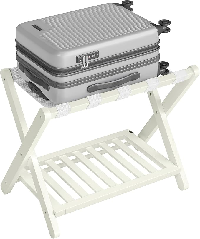 SONGMICS Solid Wood Luggage Rack, No Assembly Required, Foldable Suitcase Stand, Luggage Holder, with Storage Shelf, for Guest Room, Hotel, Bedroom, Cream White URLR020WZ02S