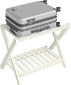 SONGMICS Solid Wood Luggage Rack, No Assembly Required, Foldable Suitcase Stand, Luggage Holder, with Storage Shelf, for Guest Room, Hotel, Bedroom, Cream White URLR020WZ02S