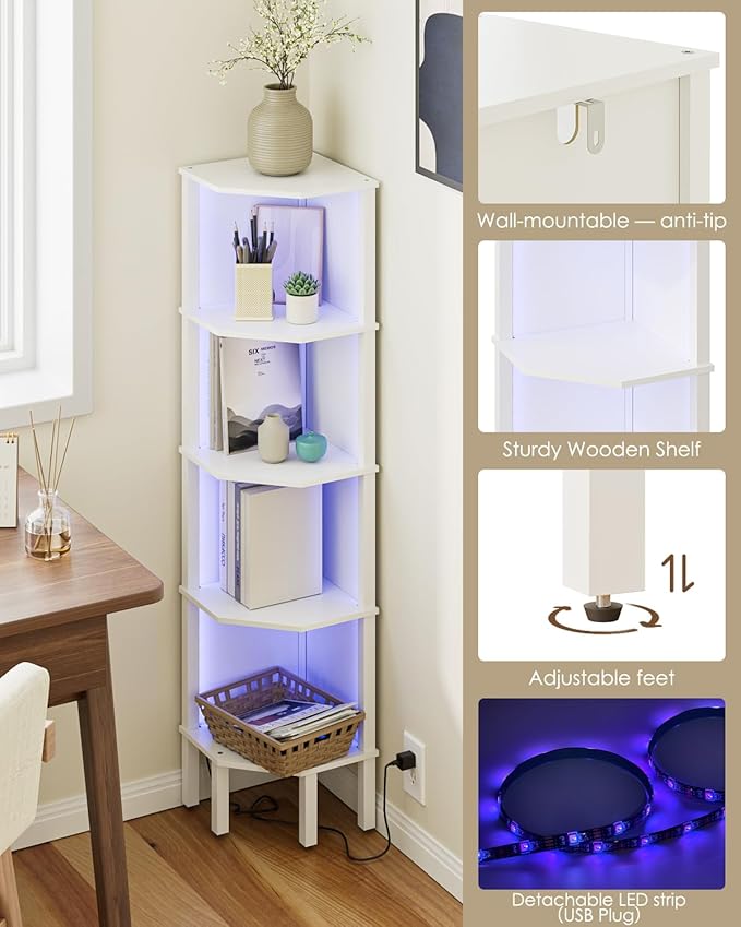 Corner Shelf Stand, 5 Tier Corner Bookshelf with Led Light,Corner Furniture for Bedroom Display Corner Shelf for Small Space,Wood Shelves with Storage Rack for Living Room,Office,White