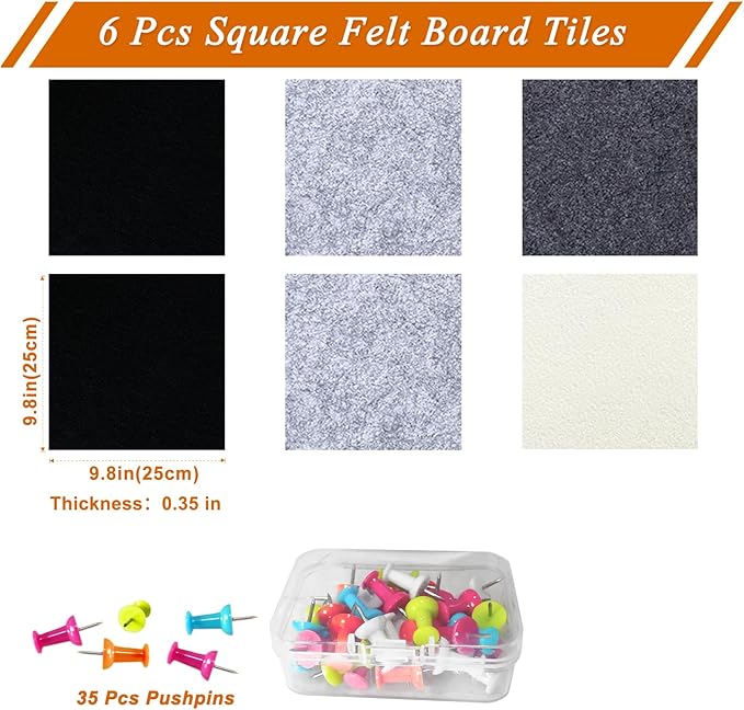 Square Felt Cork Bulletin Board Tiles, Self Adhesive DIY Felt Pin Board for Wall 30" x 20" with 35 Pushpins for Office School Home Wall Decor Stickers Memos Photos Display (Gradual Grey)