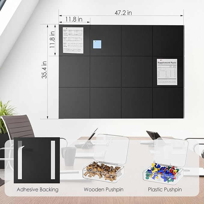 MaxGear Large Cork Board for Wall 48" x 36" Black Bulletin Board, 12 Pack Felt Wall Tiles with Pushpins, Cork Boards for Office Pin Board Tack Board for Photo Meno Decor