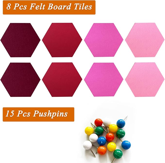 8Pcs Hexagon Felt Cork Board Tiles, Self Adhesive DIY Bulletin Board Pin Board for Office School Home Wall Decor Stickers Memos Photos Display (Gradual Red)