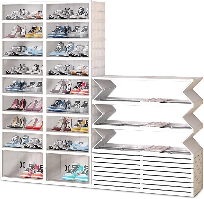 FAHKNS Foldable Shoe Rack, Transparent Shoe Boxes with Magnetic Double Doors, Shoe Organizer Storage for Entryway/Bedroom/Cloakroom, Large Shoe Cabinet with Hidden Bottom Roller 9 Tiers 4 Row (White)