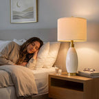 USumkky 24" White Oval Ceramic Table Lamp Set of 2, Modern Minimalist Bedside Nightstand Lamps for Bedroom Living Room, Linen Shade & Gold Metal Base, Rotary Switch E26 (Bulbs Excluded)