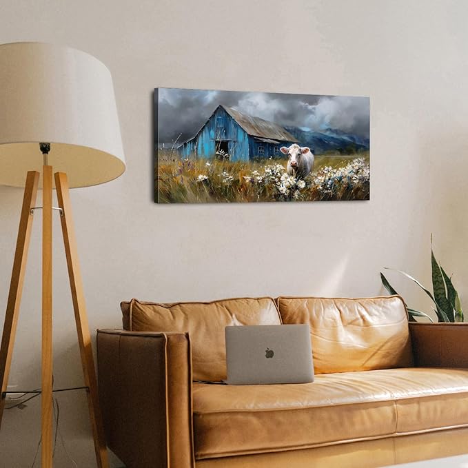 Farmhouse Barn Wall Art Cow Pictures Wall Decor Rustic Blue Barn Landscape Kitchen Wall Decor Country Wildflower Meadow Field Canvas Prints Artwork for Living Room Dining Room Home Decoration 20x40"