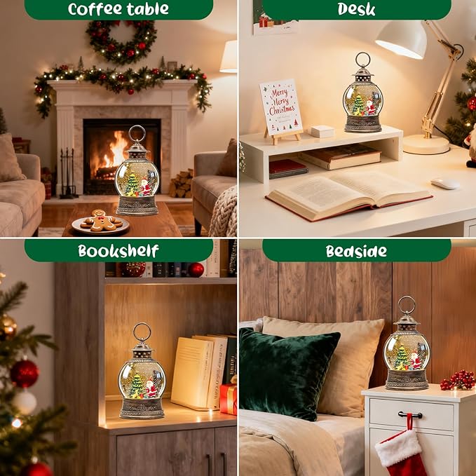 Christmas Snow Globes, 9.45" Santa Claus Glitter Water Lantern with 8 Songs, 6H Timer Battery & USB Powered Music Box for Christmas Decorations Indoor
