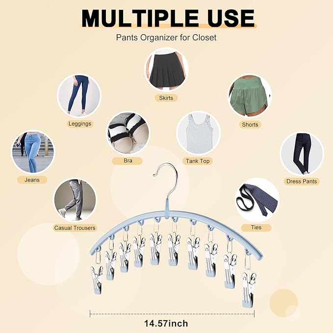 Legging Organizer for Closet, Metal Yoga Pants Hanger w/Rubber Coated 4 Pack w/10 Clips Hold 40 Leggings, Hangers Space Saving Hanging for Closet Organizers and Storage, Blue