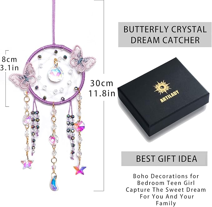 Artilady Dream Catcher for Girls - Purple Butterfly Small Dream Catchers with Crystals Cute Room Decor for Teen Girls Boys Boho Bedroom Wall Home Decorations Birthday Christmas Kids Baby Gifts