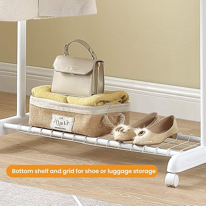 LiaMeE Adjustable Clothing Rack for Hanging Clothes, Heavy Duty Garment Rack with Wheels，Free Standing Rolling Clothes Rack with Shelf & Grid, Easy Assembly Standard Rod, White & Chrome