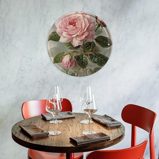 Wall Picture, with Vintage Beautiful Rose Printed Circular Iron Hanging Picture,Wall Art Decor,Home for Bedroom Living Room Bathroom Decor,Iron Painting 11.8X11.8 in