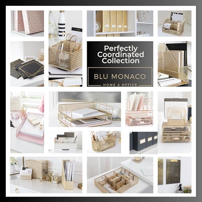 BLU MONACO | Set of 4 Black & Gold Geometric Magazine File Holders with Gold Label Holders | Stylish Vertical File Organizer Boxes for Desk, Bookshelf & Office Storage