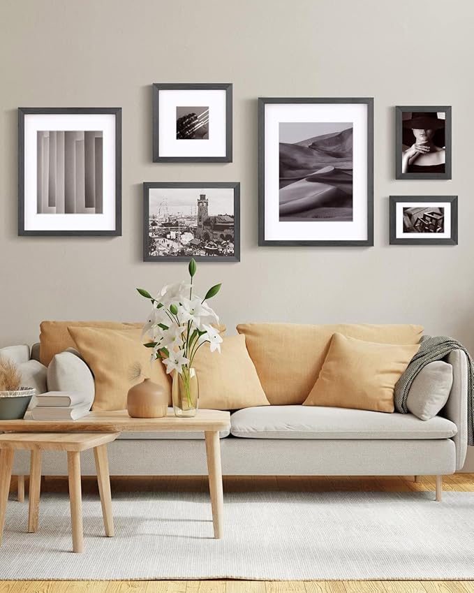 Egofine 9x12 Picture Frames Set of 4, Made of Solid Wood Covered by Plexiglass 5x7 and 6x8 with Mat or 9x12 without Mat, for Table Top Display and Wall Mounting Photo Frame Rustic Black