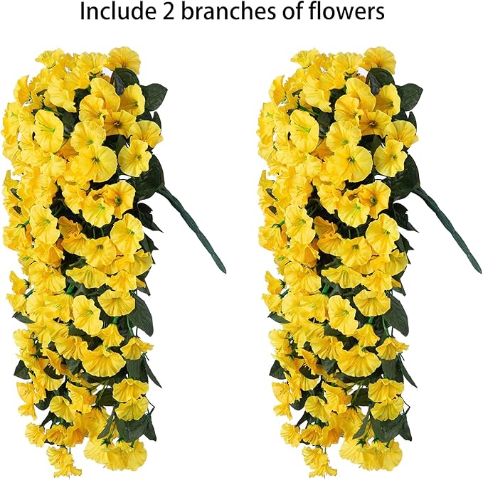 HyeFlora Artificial Fake Hanging Flowers Plants for Outdoor Outside Spring Decoration, 2PCS Faux Silk UV Resistant Look Real Yellow Morning Glory Trailing Vines for Home Planter Porch Patio Balcony