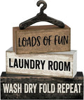 Moucuny 4 Pcs Farmhouse Laundry Room Decor and Accessories Stacked Blocks Loads of Fun Wash Dry Fold Repeat Wooden Signs Set with Vintage Hanger - Rustic Sign for Home Bathroom Shelf Housewarming Gift