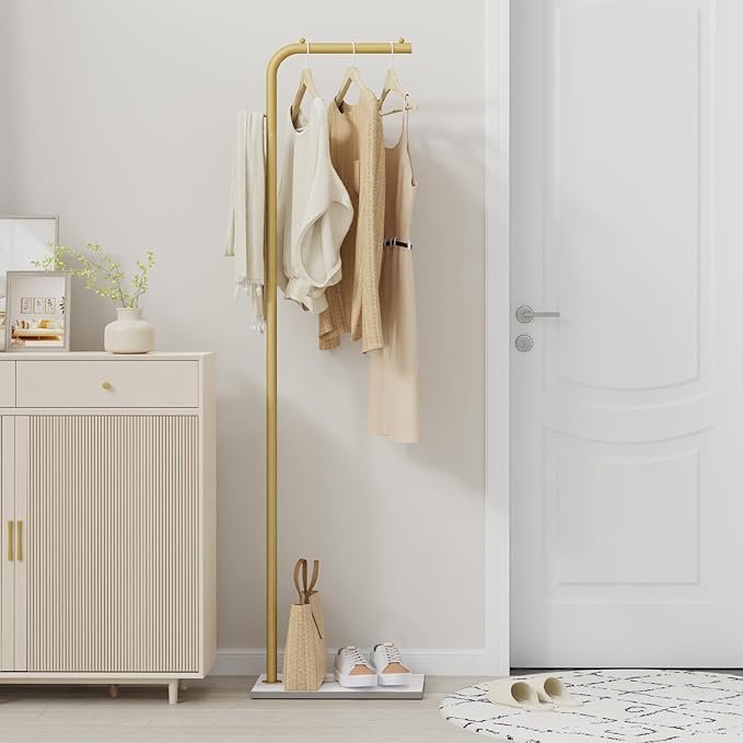 OUTBROS Coat Rack, Portable L-shaped Clothes Rack with Hook, Modern Hanger, Sturdy Freestanding Metal Clothing Rack, Used in Bedroom, Entrance and Living Room, 15.3 x 10.2 x 70.8 inch, Gold