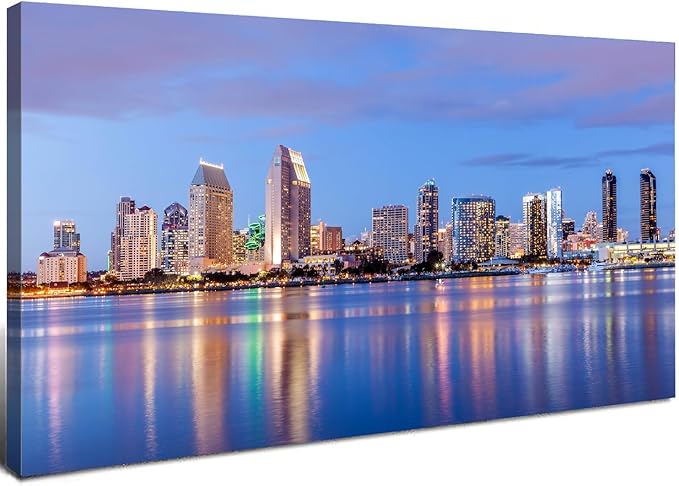 San Diego City Wall Art USA Cityscape Wall Decor Sunset San Diego Skyline Canvas Prints Picture California Night View Painting Poster Modern Artwork for Bedroom Living Room Home Decorations 24x48”