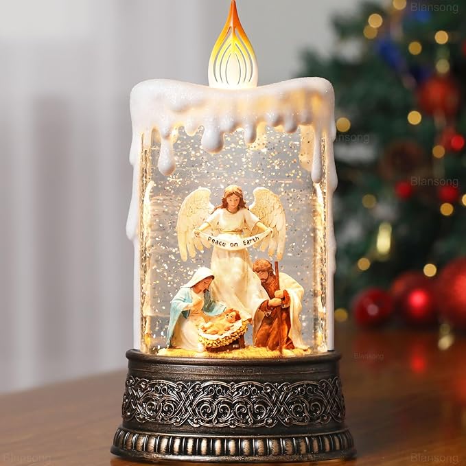 Nativity Snow Globe Candle Christmas Decorations Indoor Auto Snowfall Glitter Music Collection Angel Nativity Scene Peace on Earth with 6H Timer USB/Battery Powered 9.7 inch