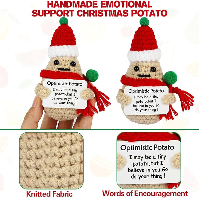DAFURIET Positive Christmas Potato, 3 inch Knitted Wool Doll with Card for Cheer Up Gifts and Party Decorations, Cute Wool Potato Crochet Doll for Birthday Gifts (Christmas Potato)