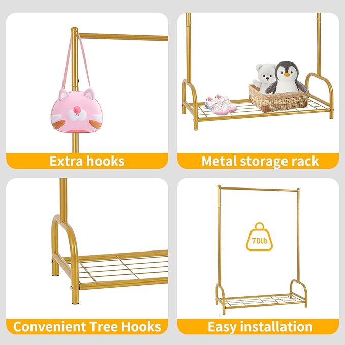 Baby Clothes Organizer, Kids Dress Up Storage Rack, Small Clothes Rack with Metal Storage Shelf, Kids Closet Organizers, Baby Closet (Gold)