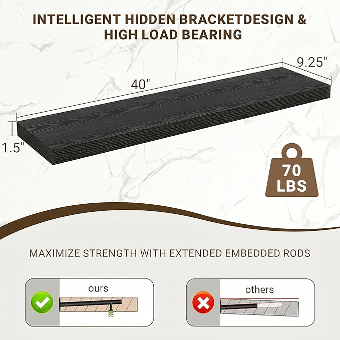 Acovy 40 Inch Floating Shelves, 3D Textured Wood Grain, 40"x9.25"x1.5" Inch Deep Floating Shelves for Wall, Wooden Shelves for Bathroom, Bedroom, Living Room, Black, 1 Piece