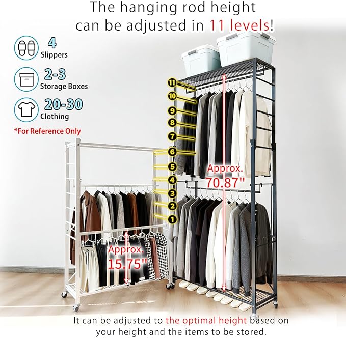 lumizone Folding Clothing Rack with Wheels Expandable Wardrobe Portable Clothes Rack for Hanging Clothes Adjustable Closet Shelves Garment Rack Durable Closet Racks for Hanging Clothes (Pro White)