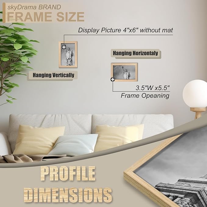Natural Solid Wood 4x6 Picture Frame, Display 4 x 6 Inch Picture Poster Photo, Vertical & Horizontal Wall Hanging - 2 Pack/Natural/4"x6"