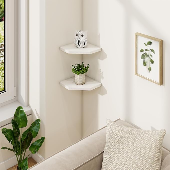 Fun Memories Corner Shelf Wall Mount Set of 2 - Solid Oak Wood Floating Corner Shelf with Cable Hole, 7in Rustic Design for Bedroom, Living Room, Kitchen (White)