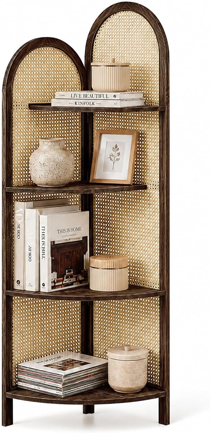 4 Tier Farmhouse Corner Shelf, 70" Tall Pine Wood and Rattan Corner Bookshelf for Small Spaces, Freestanding Display Shelf for Living Room, Bedroom, Bathroom, Kitchen, Brown