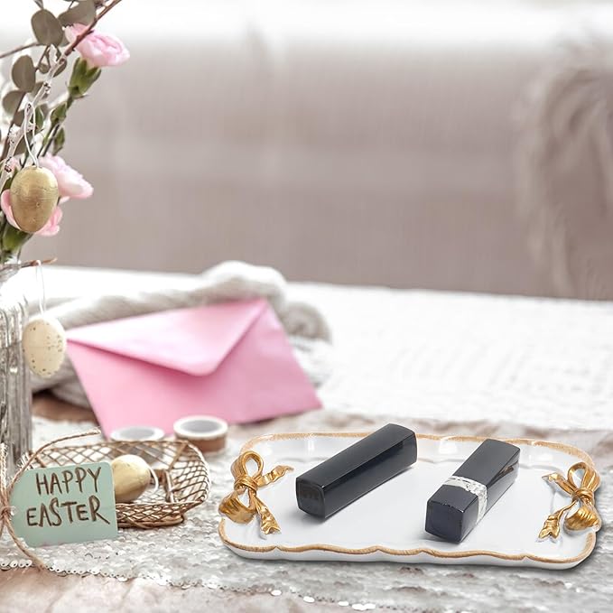 Warmtree Vintage Jewelry Organizer, Decorative Tray for Jewelry, Towel, Storage, Rings, Bracelets, Earrings, Cosmetics, Retro Design, Bow Decor Resin Plate Coquette for Room Decor, White