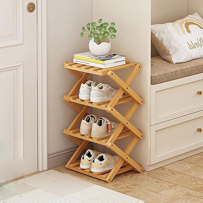 Vertical Shoe Rack Small Narrow Shoe Racks 4-Tier Folding Shoe Storage Rack No Installation Shoes Organizer Shelf Standing Storage Shoe Rack for Entryway Hallway Corridor Room Corner Storage