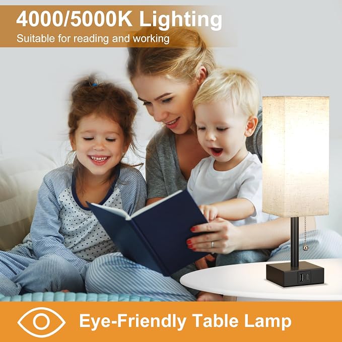 Bedside Table Lamp with 3 Color Temperatures - 3000/4000/5000K Small Lamp with USB C+A Ports, Nightstand Lamp with 3 Color Modes by Pull Chain, Bedroom Lamp for Living Read Work(LED Bulb Included)