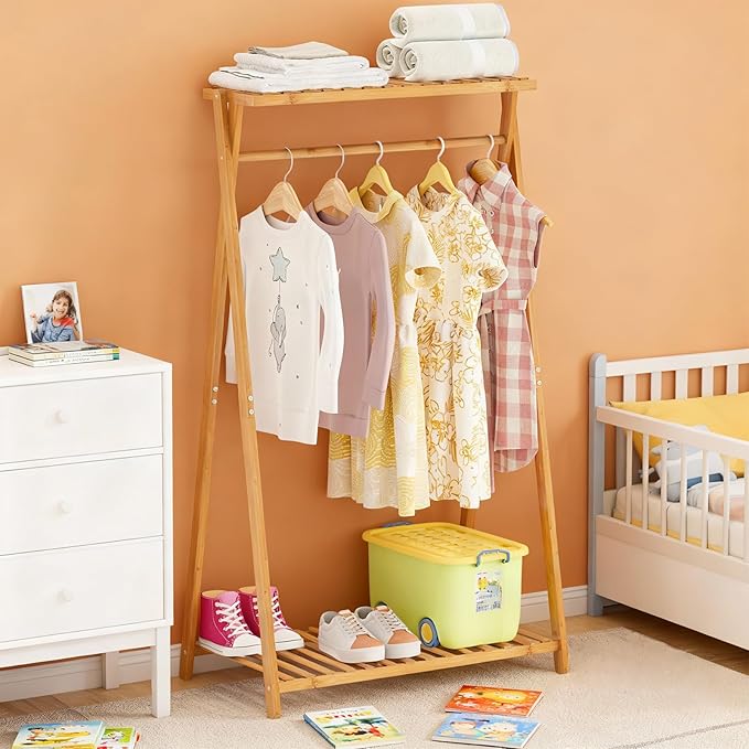 Bamboo Kids Clothing Rack,Small Dress Up Clothes Rack for Kids,Child Dress Up Rack with 2 Storage Shelves,Portable Garment Rack for Playroom Toddles Bedroom