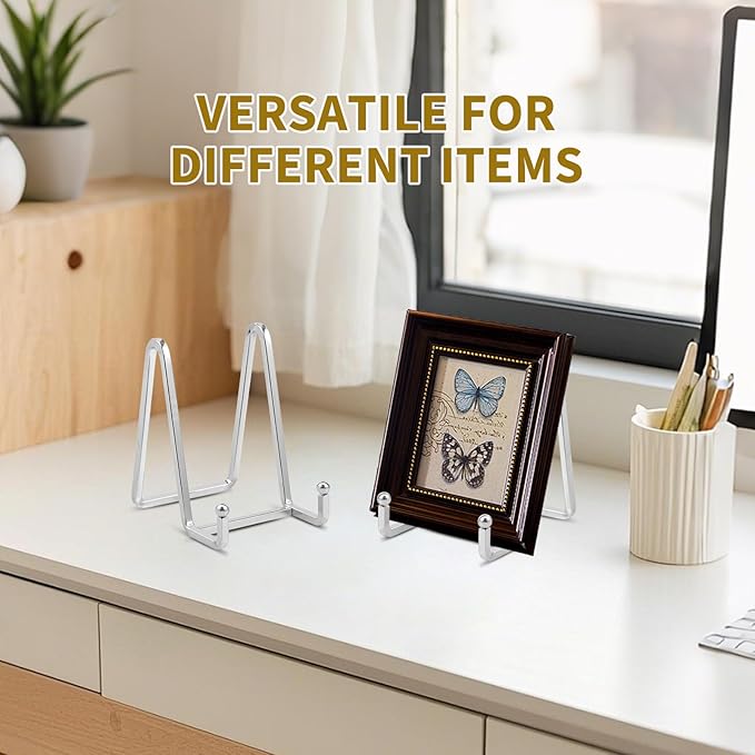 Plate Holder Easel Display Stand - 4.5 inch Metal Plate Stands for Display - Tabletop Picture Stand - Silver Iron Easels for Display Pictures | Photo Frames | Book | Decorative Plates | Plaque -2 Pack