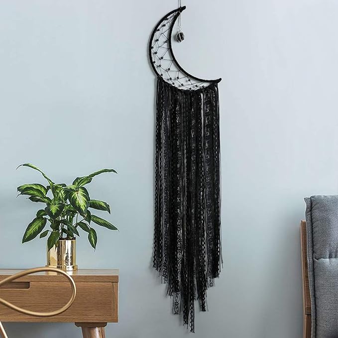 Dream Catcher Black Moon Dream Catchers with Crystal Stone, Handmade Gothic Wall Hanging, Witchy Woven Boho Decor for Bedroom Bohemian Home Decoration Ornament Craft Gift (Black)