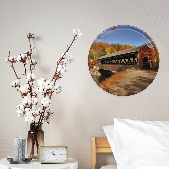 Wall Picture, with Albany Covered Bridge Printed Circular Iron Hanging Picture,Wall Art Decor,Home for Bedroom Living Room Bathroom Decor,Iron Painting 11.8X11.8 in