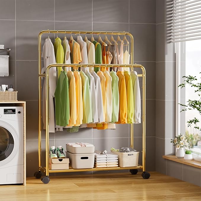 Simple Trending Clothing Clothes Rack Double Rods with Wheels, Rolling Metal Garment Rack for Hanging, Gold