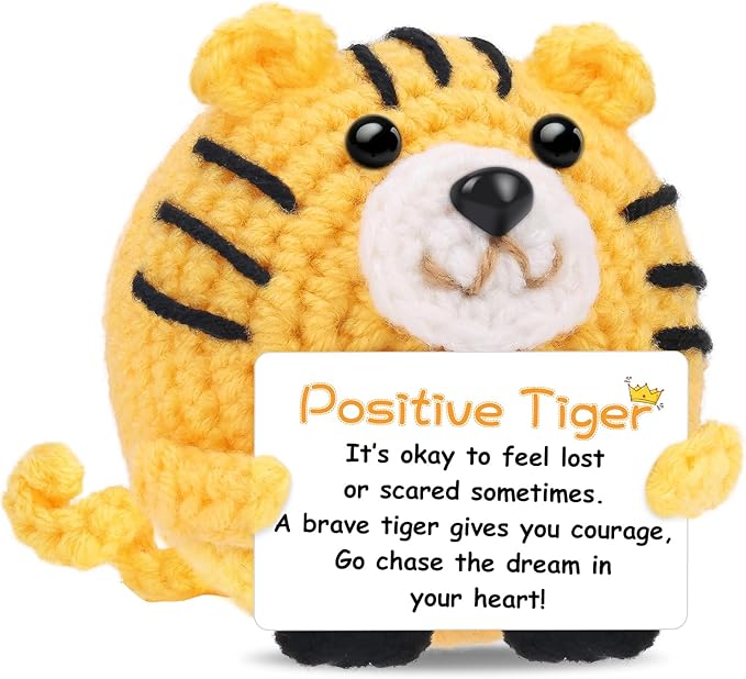 Positive Crochet Tiger Funny Valentine's Day Birthday Gifts for Women Men Coworkers Friend Daughter Dad Son Appreciation, White Elephant Small Xmas Stocking Stuffers Thanksgiving Emotional Cute Decor