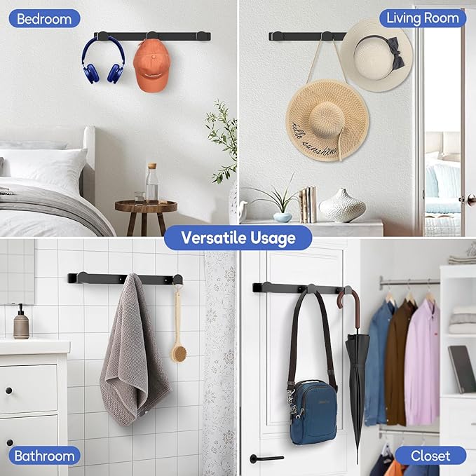KIMBORA 2 Packs Hat Rack for Wall, Hat Organizer for Baseball Caps, 3 Mounting Options Cap Hook Hanger, Strong Snapback Holder Storage Display for Door, Room, Closet (Black)