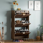 Shoe Cabinet Storage,Modern Freestanding Organizer with 3 Flip Drawers,Narrow Shoe Rack Cabinet for Entryway,Walnut