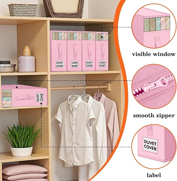 WOWBOX Sheet Organizers and Storage,Closet Bed Sheet Organizer Under Bed Storage and Organization with Label Cards & Clear Window for Bedding Sheets,Duvet Covers,Blankets (3 Pack，Pink)