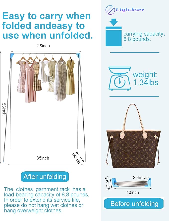 Ligtchser Portable Travel Garment Rack,Folding Clothes Rack for Dance,Travel,Camping, Drying,RV, Indoor,Outdoor. A Collapsible Mini Clothing Rack.
