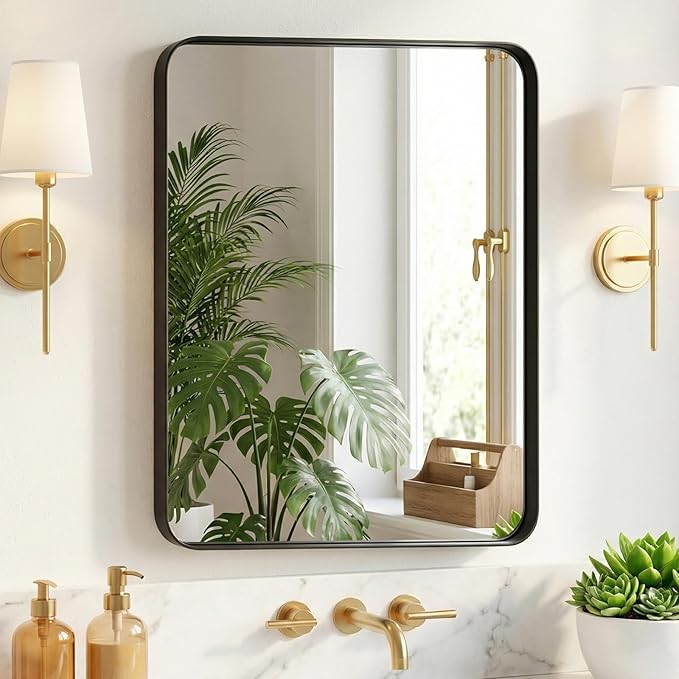 Sweetcrispy Bathroom Wall Mirror, 30x22 Inch Wall Mount Mirror for Over Sink, Modern Rounded Rectangle Vanity Mirrors with Matte Metal Framed, for Home Decor, Living Room, Bedroom, Black