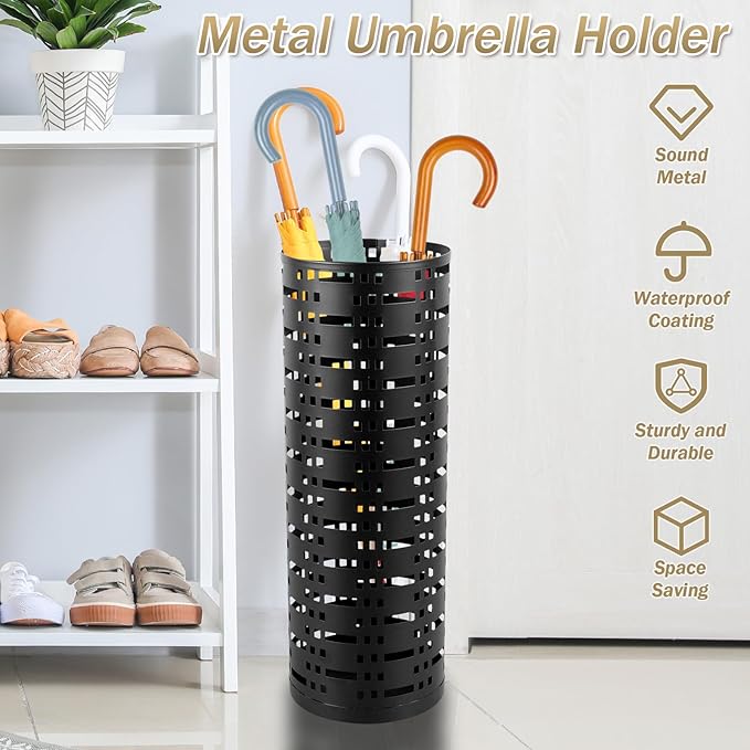 Umbrella Stand Rack, Free Standing Round Metal Umbrella Holder, Walking Sticks Umbrella Bins Waterproof Umbrella Storage Rack 16.5 x 6 inch Hollow Umbrella Storage Bucket for Indoor Home Office(black)