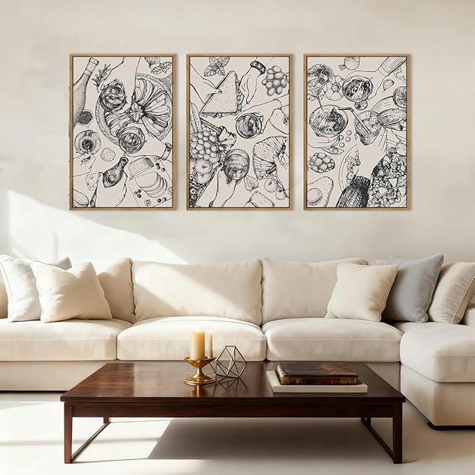 BINCUE Framed Food Wood Wall Art Set of Three Modern Cheers Kitchen Wall Decor Abstract Friends Party Art Print for Kitchen Dining Room Living Room 16x24 Inch