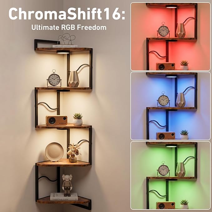 HAAYOT Corner Shelf Wall Mounted with Lights, 5-Tier Floating Metal Shelves for Living Room, Bedroom, Rustic Brown