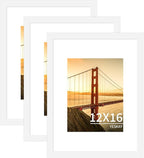 12x16 Picture Frame 3 Pack - White Poster Frame Display Pictures 8.5x11 with Mat or 12 x 16 Without Mat for Wall Hanging Horizontal and Vertical