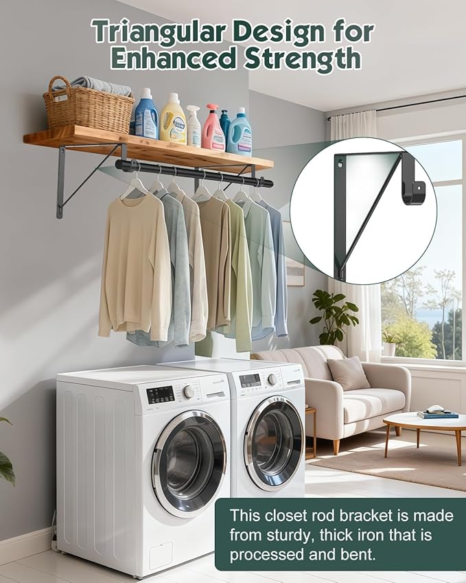 6 Pack Closet Rod Bracket, Heavy Duty Closet Rod Support with Rod Holder, Wall Mounted Closet Shelf Brackets with Triangle Stabilizing Design for Closet, Bathroom and Kitchen, Black